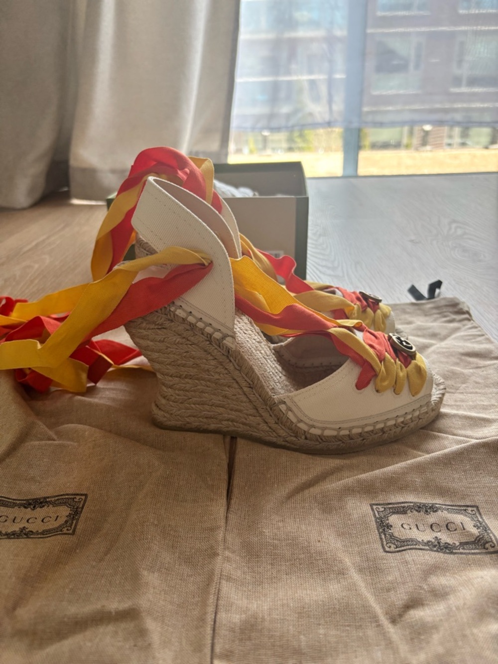 Gucci Yellow and Orange Ribbon Espadrille Wedges with GG Hardware - Picture 8 of 14